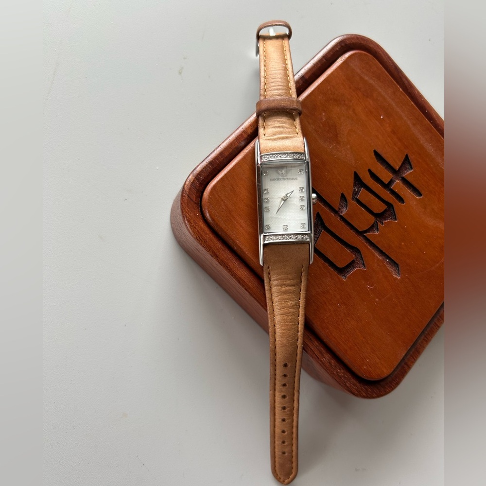 Armani leather band square watch 3 hands diamond bezel simulates new battery - Picture 3 of 10